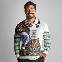 India Independence Day Long Sleeve Polo Shirt Royal Tiger Ashoka Chakra Paisley Pattern
