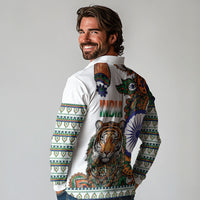 India Independence Day Long Sleeve Polo Shirt Royal Tiger Ashoka Chakra Paisley Pattern
