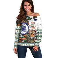 India Independence Day Off Shoulder Sweater Royal Tiger Ashoka Chakra Paisley Pattern