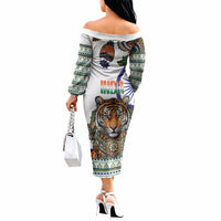 India Independence Day Off The Shoulder Long Sleeve Dress Royal Tiger Ashoka Chakra Paisley Pattern