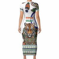 India Independence Day Short Sleeve Bodycon Dress Royal Tiger Ashoka Chakra Paisley Pattern