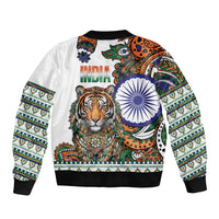 India Independence Day Sleeve Zip Bomber Jacket Royal Tiger Ashoka Chakra Paisley Pattern