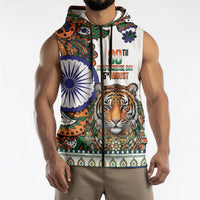 India Independence Day Sleeveless Zip Hoodie Royal Tiger Ashoka Chakra Paisley Pattern
