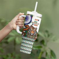 India Independence Day Tumbler With Handle Royal Tiger Ashoka Chakra Paisley Pattern