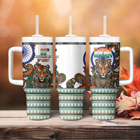India Independence Day Tumbler With Handle Royal Tiger Ashoka Chakra Paisley Pattern