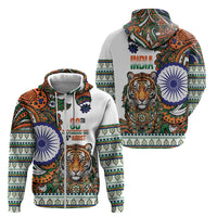 India Independence Day Zip Hoodie Royal Tiger Ashoka Chakra Paisley Pattern