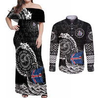 Personalized Viking Iceland Couples Matching Off Shoulder Maxi Dress and Long Sleeve Button Shirt Icelander Viking Ship