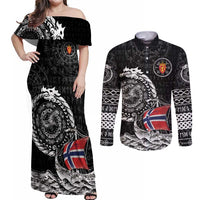 Personalized Viking Norway Couples Matching Off Shoulder Maxi Dress and Long Sleeve Button Shirt Norwegian Viking Ship