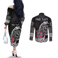 Personalized Viking Norway Couples Matching Off The Shoulder Long Sleeve Dress and Long Sleeve Button Shirt Norwegian Viking Ship