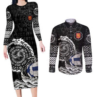 Personalized Viking Finland Couples Matching Long Sleeve Bodycon Dress and Long Sleeve Button Shirt Finnish Viking Ship
