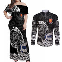 Personalized Viking Finland Couples Matching Off Shoulder Maxi Dress and Long Sleeve Button Shirt Finnish Viking Ship