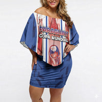 Custom Paraguay Football Off Shoulder Short Dress Trophy Grunge Stripes
