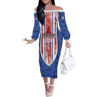 Custom Paraguay Football Off The Shoulder Long Sleeve Dress Trophy Grunge Stripes