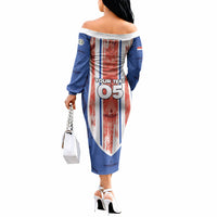 Custom Paraguay Football Off The Shoulder Long Sleeve Dress Trophy Grunge Stripes