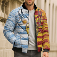 Custom Argentina And Spain Football Bomber Puffer Jacket Split Flag Golden Trophy Grunge