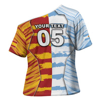 Custom Argentina And Spain Football Cross Shoulder Shirt Split Flag Golden Trophy Grunge