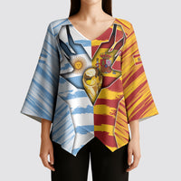 Custom Argentina And Spain Football Kimono Sleeve Blouse Split Flag Golden Trophy Grunge