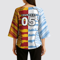 Custom Argentina And Spain Football Kimono Sleeve Blouse Split Flag Golden Trophy Grunge