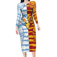 Custom Argentina And Spain Football Long Sleeve Bodycon Dress Split Flag Golden Trophy Grunge