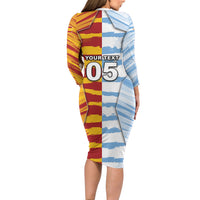 Custom Argentina And Spain Football Long Sleeve Bodycon Dress Split Flag Golden Trophy Grunge