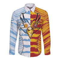Custom Argentina And Spain Football Long Sleeve Button Shirt Split Flag Golden Trophy Grunge