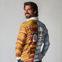 Custom Argentina And Spain Football Long Sleeve Polo Shirt Split Flag Golden Trophy Grunge