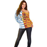 Custom Argentina And Spain Football Off Shoulder Sweater Split Flag Golden Trophy Grunge