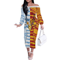 Custom Argentina And Spain Football Off The Shoulder Long Sleeve Dress Split Flag Golden Trophy Grunge
