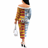 Custom Argentina And Spain Football Off The Shoulder Long Sleeve Dress Split Flag Golden Trophy Grunge