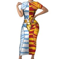 Custom Argentina And Spain Football Short Sleeve Bodycon Dress Split Flag Golden Trophy Grunge