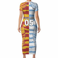 Custom Argentina And Spain Football Short Sleeve Bodycon Dress Split Flag Golden Trophy Grunge