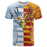 Custom Argentina And Spain Football T Shirt Split Flag Golden Trophy Grunge