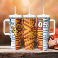 Custom Argentina And Spain Football Tumbler With Handle Split Flag Golden Trophy Grunge