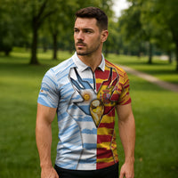 Custom Argentina And Spain Football Zipper Polo Shirt Split Flag Golden Trophy Grunge