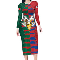 Custom Mexico And Korean Football Long Sleeve Bodycon Dress Split Flag Golden Trophy Grunge
