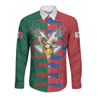 Custom Mexico And Korean Football Long Sleeve Button Shirt Split Flag Golden Trophy Grunge