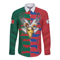 Custom Mexico And Korean Football Long Sleeve Button Shirt Split Flag Golden Trophy Grunge