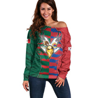 Custom Mexico And Korean Football Off Shoulder Sweater Split Flag Golden Trophy Grunge