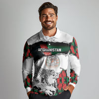 Personalized Afghanistan Long Sleeve Polo Shirt Snow Leopard With Flag Ripped Style