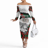 Personalized Afghanistan Off The Shoulder Long Sleeve Dress Snow Leopard With Flag Ripped Style