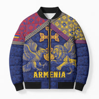 Personalized Armenia Bomber Puffer Jacket Golden Eagle And Lion Khachkar