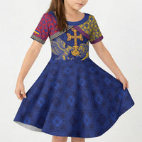 Personalized Armenia Kid Short Sleeve Dress Golden Eagle And Lion Khachkar