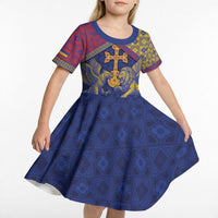 Personalized Armenia Kid Short Sleeve Dress Golden Eagle And Lion Khachkar