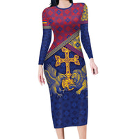 Armenia Long Sleeve Bodycon Dress Golden Eagle And Lion Khachkar