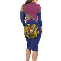 Armenia Long Sleeve Bodycon Dress Golden Eagle And Lion Khachkar