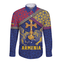 Personalized Armenia Long Sleeve Button Shirt Golden Eagle And Lion Khachkar