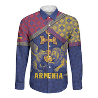Personalized Armenia Long Sleeve Button Shirt Golden Eagle And Lion Khachkar
