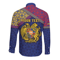 Personalized Armenia Long Sleeve Button Shirt Golden Eagle And Lion Khachkar