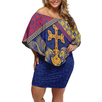 Personalized Armenia Off Shoulder Short Dress Golden Eagle And Lion Khachkar
