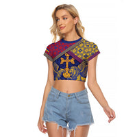 Personalized Armenia Raglan Cropped T Shirt Golden Eagle And Lion Khachkar
